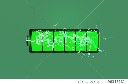 3d Battery charge indicator with thunder isolated on green background. charging battery technology concept, 3d render illustratio 96358681