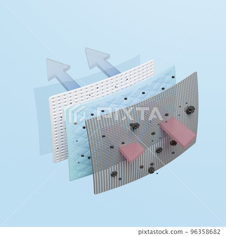 air filter layer and ventilate shows 3d, dust filter layer for face mask, air purifier, prevents vapors and odors from chemicals, virus, 3d render illustration 96358682