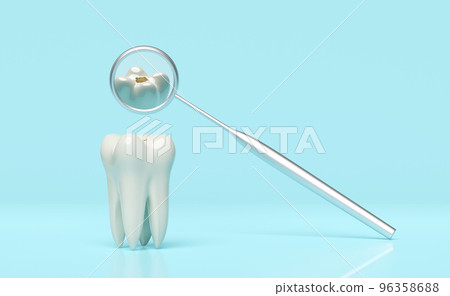 dental molar teeth model icon check for cavities 3d with dentist mirror isolated on blue background. health of white teeth, dental examination of the dentist, 3d render illustration 96358688