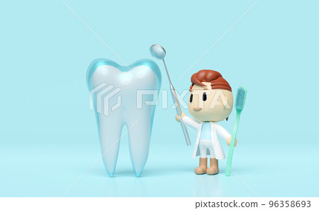 3d miniature cartoon character dentist with dentist mirror, toothbrush, dental molar isolated on blue. check for cavities, dental examination of the dentist, health of white teeth, oral care 3d render 96358693