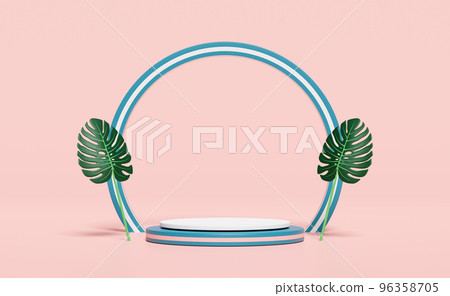 3d white cylinder stage podium empty with palm leaf, abstract geometric cosmetic showcase pedestal pink background. minimal modern scene, 3d render illustration 96358705