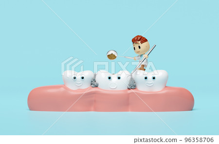 3d miniature cartoon character dentist with dentist mirror, toothbrush, gums, dental molar, check for cavities, dental examination of the dentist, health of white teeth, oral care 3d render 96358706