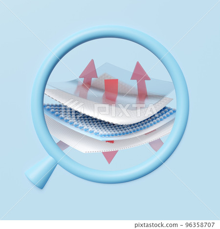 magnifying absorbent layer and ventilate shows 3d, dust filter layer for face mask, air purifier, synthetic fiber hair for diapers, sanitary napkin, baby diaper adult concept, 3d render illustration 96358707