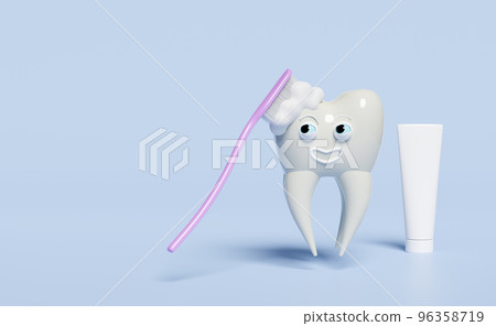 3d dental molar teeth model icon with toothbrush, toothpaste tube, face, bubble isolated on blue background. dental examination of the dentist, health of white teeth, oral care 3d render illustration 96358719