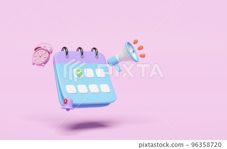 3d calendar with clock, checkmark icons, marked date, notification bell, megaphone, hand speaker isolated on pink background. schedule appointment announce, appointment date, 3d render illustration 96358720