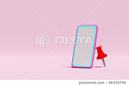 mobile phone, smartphone 3d with location pin, GPS navigator icon isolated on pink background. Internet banking, online shopping, delivery concept, template minimal modern, 3d render illustration 96358746