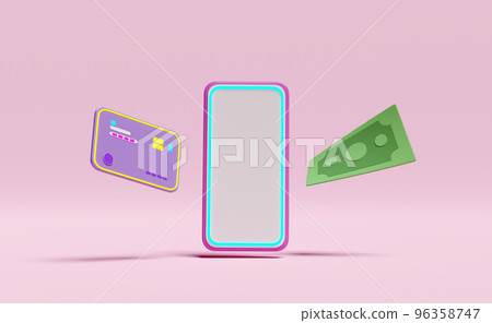 3d mobile phone, smartphone with credit card, dollar banknote icon floating isolated on pink background. Internet banking, online shopping concept, template minimal modern, 3d render illustration 3d mobile phone, smartphone with credit card, dollar banknote icon floating isolated on pink background. Internet banking, online shopping concept, template minimal modern, 3d render illustration 96358747