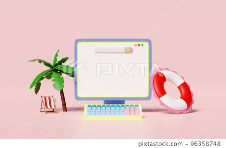laptop computer monitor 3d with blank search bar, palm tree, lifebuoy, beach chair, isolated on pink background. hotel room reservation, template concept, 3d render illustration 96358748