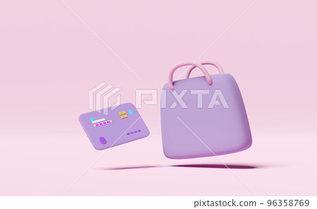 3d shopping paper bag credit card isolated on pink background. saving money, electronic payment concept, 3d render illustration 3d shopping paper bag credit card isolated on pink background. saving money, electronic payment concept, 3d render illustration 96358769