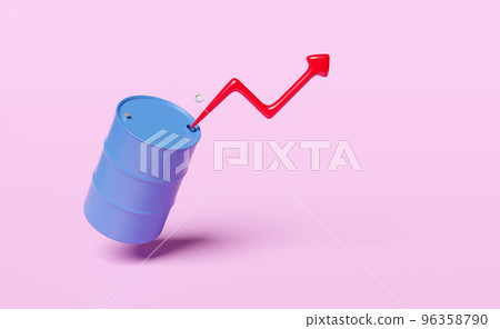 arrow graph 3d with blue oil barrel icon isolated on pink background. petroleum oil industry, oil market business, 200 liters oil tank concept, 3d render illustration arrow graph 3d with blue oil barrel icon isolated on pink background. petroleum oil industry, oil market business, 200 liters oil tank concept, 3d render illustration 96358790