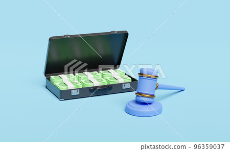 3d judge gavel, hammer auction with stand, pile dollar banknote in black suitcase isolated on blue background. bid idea, estate sale, auction symbol concept, 3d render illustration 96359037