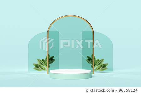 3d white cylinder stage podium empty with palm leaf, abstract geometric cosmetic showcase pedestal green background. minimal modern scene, 3d render illustration 3d white cylinder stage podium empty with palm leaf, abstract geometric cosmetic showcase pedestal green background. minimal modern scene, 3d render illustration 96359124