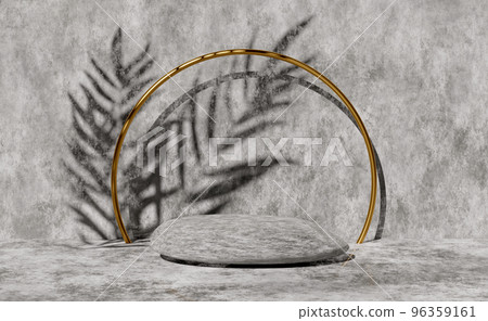 3d stone cube stage podium empty with palm leaf shadow, abstract geometric cosmetic showcase pedestal grey background. minimal modern scene, 3d render illustration 96359161