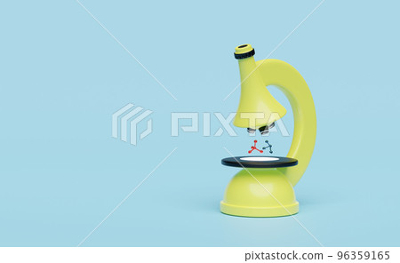 3d microscope with molecule or atom isolated on blue background. room online innovative education, elearning, microbiology magnifying for lab room concept, 3d render illustration 96359165