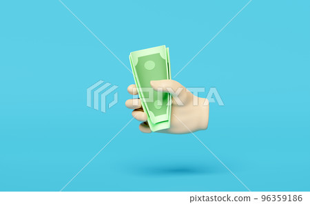 3D cartoon hands holding banknote icons isolated on blue background. quick credit approval or loan approval concept, 3d render illustration 96359186