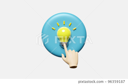 3d hand press blue button with yellow light bulb isolated on white background. idea tip education, knowledge creates ideas concept, minimal abstract, 3d render illustration 96359187