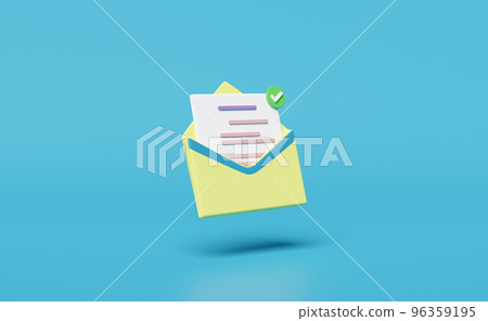 3d yellow open envelope, letter icon with notification message, checkmark isolated on blue background. minimal notify newsletter, online incoming email concept, 3d render illustration 96359195