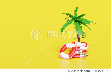 3d pile of stacked red white lifebuoy for water safety, water splash, palm tree isolated on yellow background. summer travel concept, 3d render illustration 96359196