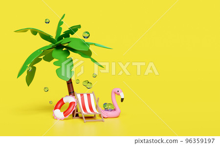 3d summer sea beach with beach chair, Inflatable flamingo, lifebuoy, water splash, palm tree isolated on yellow background. summer travel concept, 3d render illustration 96359197