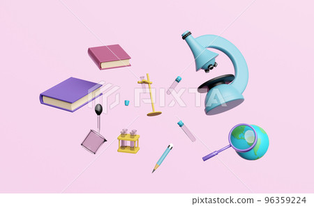 3d microscope, globe, paper plane, magnifying, beaker, test tube icon isolated on pink background. room online innovative education, e-learning concept, 3d render illustration 96359224