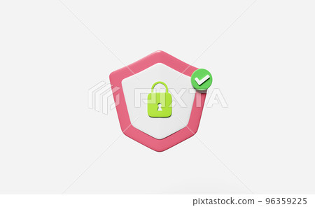 3d shield with lock, padlock, key, checkmark icon isolated on white background. Internet security or privacy protection or ransomware protect concept, 3d render illustration 96359225