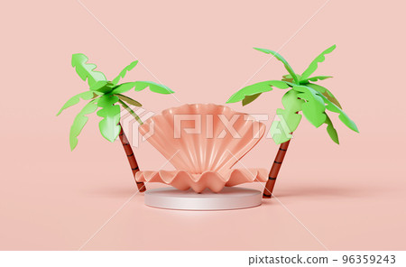 3d cylinder stage podium empty with shellfish, coconut palm tree isolated on pink. modern stage display, minimalist mockup, abstract showcase background. Concept 3d render illustration 3d cylinder stage podium empty with shellfish, coconut palm tree isolated on pink. modern stage display, minimalist mockup, abstract showcase background. Concept 3d render illustration 96359243
