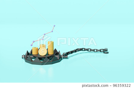 Bear Trap with charts and graph, money coin dollar stacked isolated on blue background. business trap, scammer concept, 3d illustration, 3d render Bear Trap with charts and graph, money coin dollar stacked isolated on blue background. business trap, scammer concept, 3d illustration, 3d render 96359322