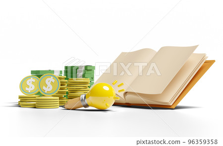 3d yellow light bulb with money banknote, coins stacks 96359358