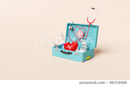 first aid kit bag with stethoscope, syringe, red heart and blood pressure heart rate isolated on cream color background. health love or world heart day concept, 3d illustration, 3d render first aid kit bag with stethoscope, syringe, red heart and blood pressure heart rate isolated on cream color background. health love or world heart day concept, 3d illustration, 3d render 96359406