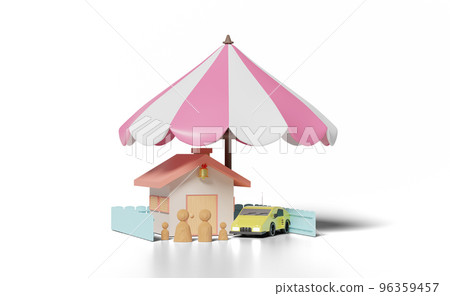 3d house with wooden doll figures family, umbrella, car 3d house with wooden doll figures family, umbrella, car 96359457