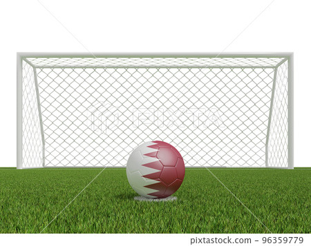 soccer balls in Qatar flags colors on soccer field.  3d rendering 96359779