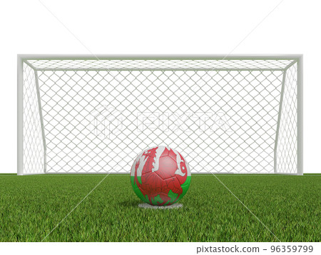 soccer balls in Wales flags colors on soccer field .  3d rendering 96359799