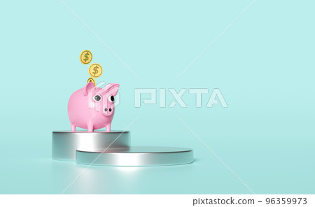 silver cylinder podium with piggy bank, money coins isolated on blue background. saving money concept, 3d illustration, 3d render silver cylinder podium with piggy bank, money coins isolated on blue background. saving money concept, 3d illustration, 3d render 96359973