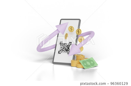 3d mobile phone, smartphone with money banknote, coin, QR code isolated. transfer arrows, cashback, saving money wealth business, cashback money refund concept, 3d render  96360129