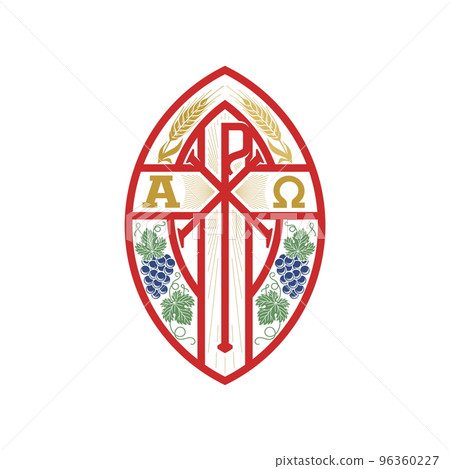 Christian illustration. Monogram of Jesus Christ - Chrismon. Wheat ears and a bunch of grapes are symbols of Christ and spiritual life. Alpha and omega symbols of eternity. 96360227