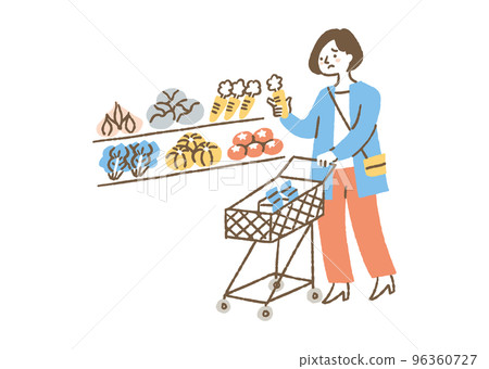 A woman who is wondering whether to buy vegetables _ color 96360727
