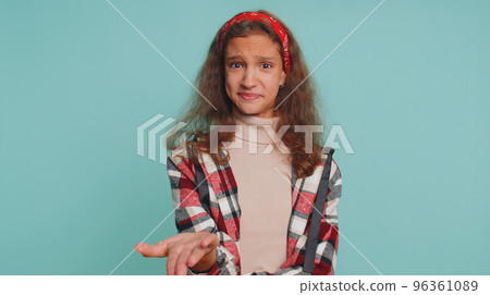 Teenager child girl kid asking why, what reason of failure, demonstrating disbelief by troubles 96361089