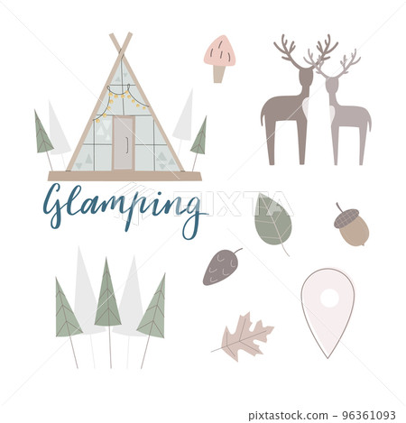 Set of glamping vector illustrations with deers, pine forest, leaves for creat design. Cute elements for merch, web, social media. 96361093
