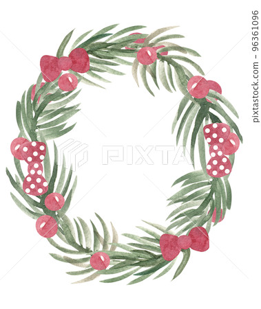 Hand drawn watercolor pine wreath with red bows and confetti. Design for cards, invitations, flyers and other holiday decor 96361096
