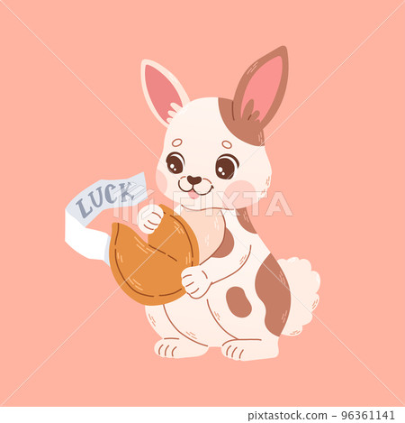 Happy Chinese new year greeting card 2023 with cute rabbit with fortune cookie luck. 2023 CNY card. Vector Happy Chinese new year greeting card 2023 with cute rabbit with fortune cookie luck. 2023 CNY card. Vector 96361141