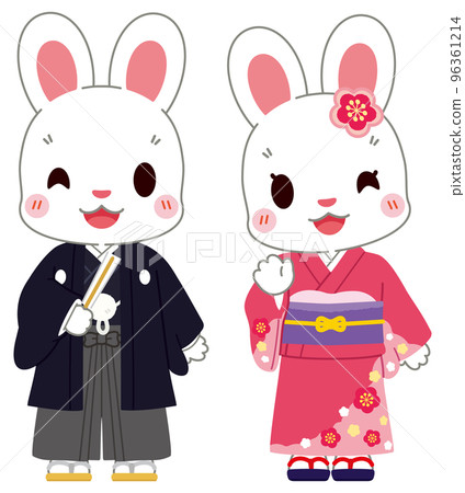 Cute rabbits in haori hakama and kimono Cute rabbits in haori hakama and kimono 96361214
