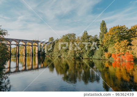 Railway Bridge with river in Bietigheim-Bissingen, Germany. Autumn. Railway viaduct over the Enz River, built in 1853 by Karl von Etzel on a sunny summer day. Bietigheim-Bissingen, Germany. Old Railway Bridge with river in Bietigheim-Bissingen, Germany. Autumn. Railway viaduct over the Enz River, built in 1853 by Karl von Etzel on a sunny summer day. Bietigheim-Bissingen, Germany. Old 96362439