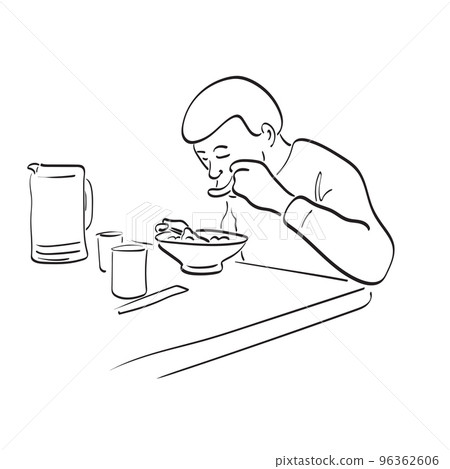 man eating noodles on table illustration vector hand drawn isolated on white background line art. 96362606