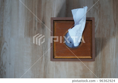 top view white tissue paper in wooden tissue box on brown marble background, object, decor, copy space 96362924