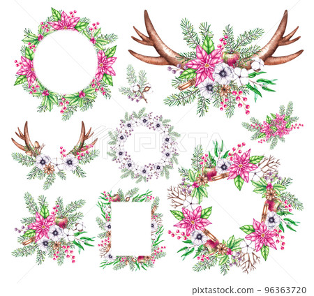 Watercolor set of Christmas bouquets, frames, wreaths, horns 96363720