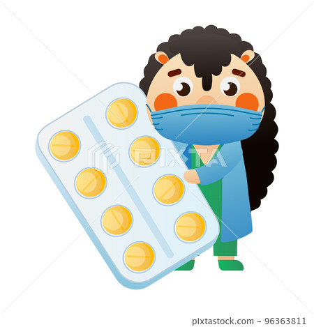 Cute hedgehog doctor wearing mask and holding pills, Cute hedgehog doctor wearing mask and holding pills, 96363811