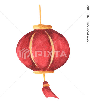 Red round chinese paper lantern. Watercolor illustration. Red round chinese paper lantern. Watercolor illustration. 96363825
