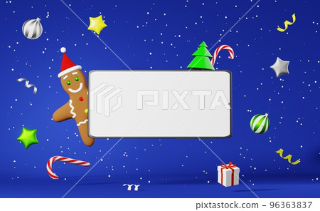 Smartphone mockup Christmas cookie Gingerbread man Santa hat levitating 3d rendering blue background. Xmas advertisement Smartphone mockup Christmas cookie Gingerbread man Santa hat levitating 3d rendering blue background. Xmas advertisement 96363837