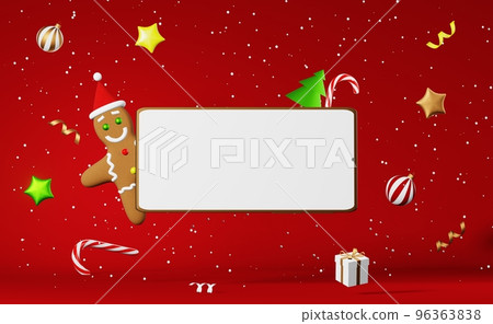 Smartphone mockup Christmas cookie Gingerbread man Santa hat levitating 3d rendering red background. Xmas advertisement. Smartphone mockup Christmas cookie Gingerbread man Santa hat levitating 3d rendering red background. Xmas advertisement. 96363838