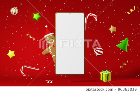 Smartphone mockup Christmas cookie Gingerbread man Santa hat levitating 3d rendering red background. Xmas advertisement. Smartphone mockup Christmas cookie Gingerbread man Santa hat levitating 3d rendering red background. Xmas advertisement. 96363839